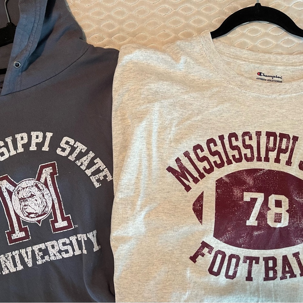 2: Mississippi State Hoodie (good condition) & T-shirt (new/not worn).